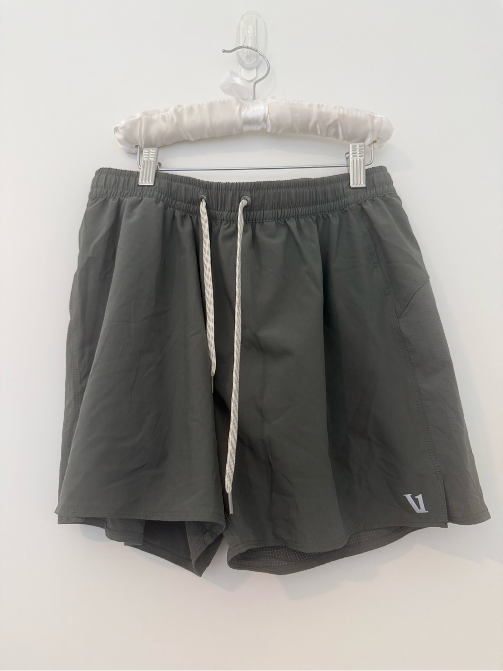 Vuori Olive Gray Athletic Shorts with White Drawstring